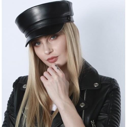 Real Leather Military Cap Men Army Cap Sailor Hats For Women Men Flat Top Female Travel Cadet Hat Captain Military Sheepskin Hat