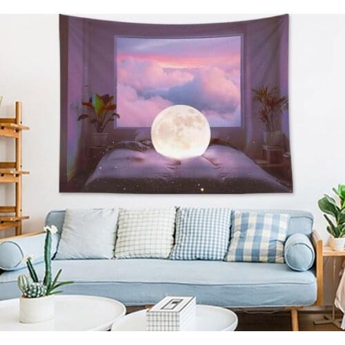 Korean Ins Sun Moon Wall Decor Tapestry Wall Hanging Colorful Cloud Floral Psychedelic Small Tapestry Decoative Dorm Background