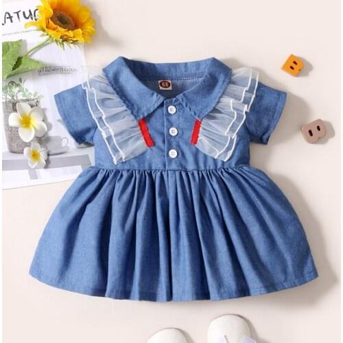 Summer Girls 0-2 Years Casual Patchwork Dress Baby Solid Print Short Sleeve Kids Denim Knee-Length A-LINE Dress