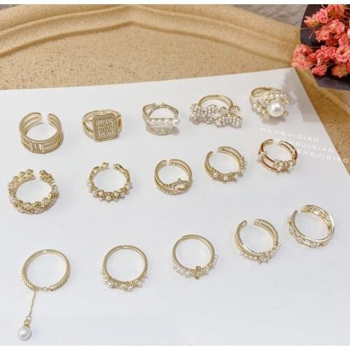 MENGJIQIAO Fashion Delicate Zircon Butterfly Adjustable Rings For Women Girls Elegant Pearl Flower Finger Knuckle Ring Jewelry