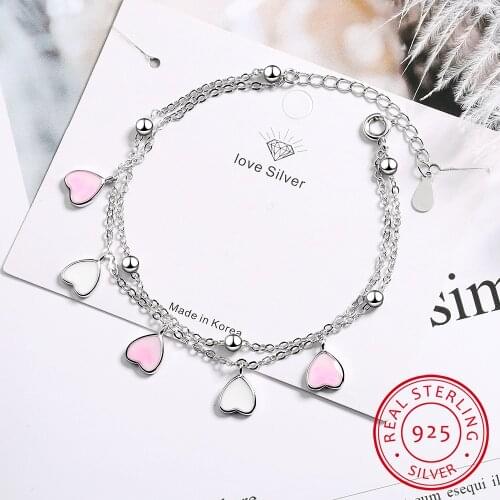 Sweet 925 Sterling Silver Pink Glaze Cherry Blossom Petals Gradient Heart Shaped Double Layer Chain Bracelets S-B262