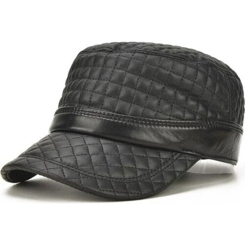 SILOQIN Snapback Cap Mens Flat Caps Army Military Hat Genuine Leather Hats Adjustable Size Men New Brands Sheepskin Leather Cap