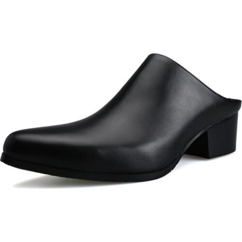 Black blue white genuine leather men slippers spring summer 5CM high heels shoes men sandal pointed toe fashion work slippers 44