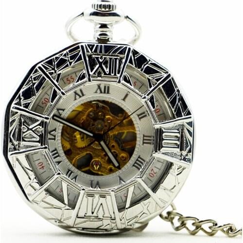Antique Hollow Silver Mechanical Pocket Watch Men Vintage Steampunk Fob Clock Male Necklace With Chain For Boy Girls Gift
