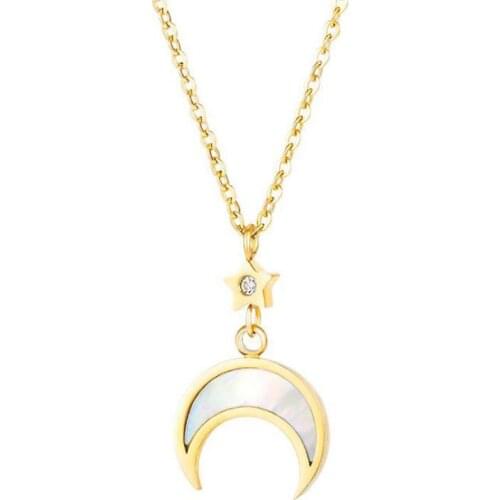Stainless Steel Gold Opal Stone Crescent Moon Star Pendant Necklace Jewelry Best Chain Link Women Moon Necklaces Gift For Him