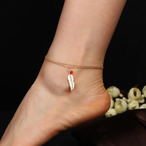 New fashion double womens feet chain jewelry beads feathers anklets