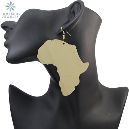 SOMESOOR Unfinished African Wooden Drop Earrings With AFRO Motherland Map Handmade Ethnic Tribal Ear Jewelry For Black Women