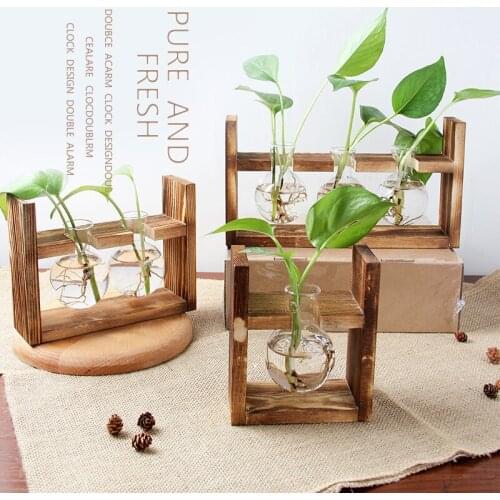 Home Decor Plant Glass Bottle Vases Wooden Display Frame Hydroponic Plants Transparent Flower Pot Wooden Frame Tabletop Vase