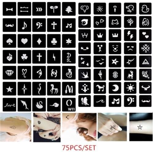 75pcs Henna Tattoo Stencils Glitter Tattoo Stencil Woman Girl Kids Drawing Template Small Cute Animal Heart Cartoon Airbrush