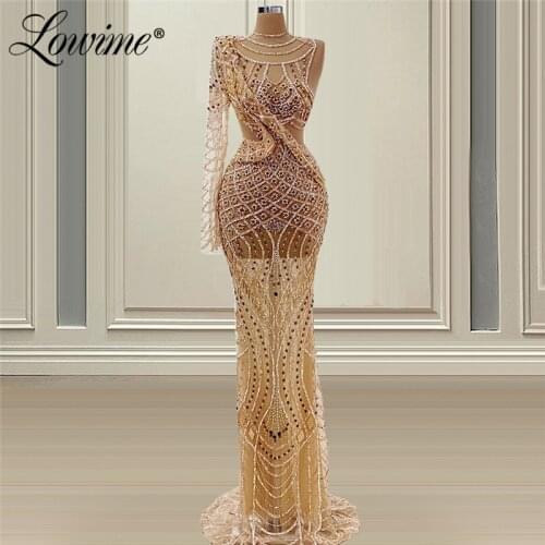 Dubai Long Mermaid Evening Dresses 2021 Newest Illusion Pearls Beadedc Elegant Prom Party Gowns Custom Made Vestidos De Soiree