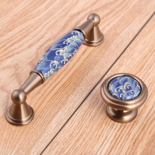 Vintage Fashion blue spray ceramic tv cabinet drawer knobs pulls 96mm bronze dresser kitchen cabinet cupboard door handles knobs