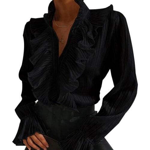 Women Elegant Shirt Spring Long Flared Sleeve Stand Collar Blouse Ruffle Buttons Casual Fall Office Shirt Top