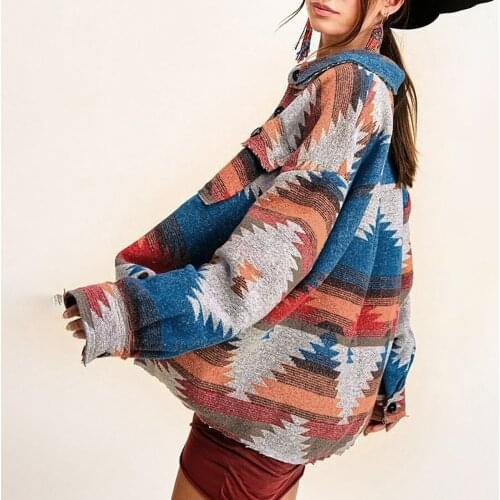 Women Ethnic Style Jackets Autumn And Winter Coat Vintage Harajuku Tops Lapel Collar Geometric Prints Jacket 2021 New