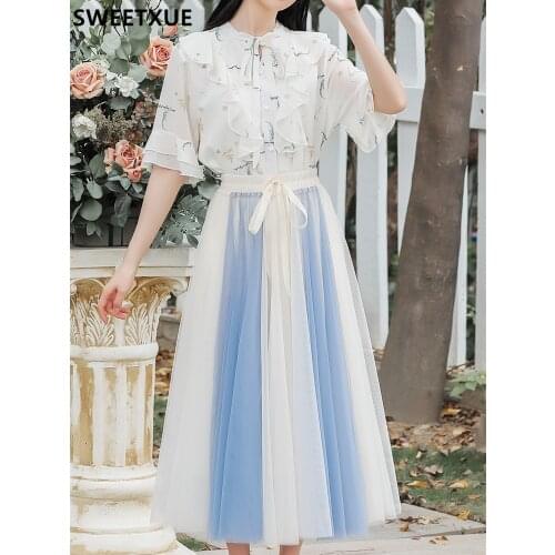 SWEETXUE Lady Summer 2021 Fashion Fairy Set Cute Kawaii Chiffon Shirt Tops + High Waist Mesh Long Skirt Two-Piece Suit Womens
