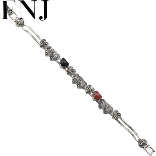 FNJ 17.5cm Heart Bracelet 925 Silver Vintage Original Pure S925 Silver Bracelets for Women Fine Jewelry MARCASITE