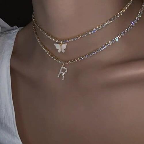 Flatfoosie Multilayer Butterfly Pendant Necklace Women Silver Color 26 Initials Letters Crystal Chain Necklace Collar Jewelry