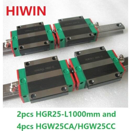 2pcs 100% original Hiwin linear rail HGR25 -L 1000mm + 4pcs HGW25CA HGW25CC flanged block carriage for cnc