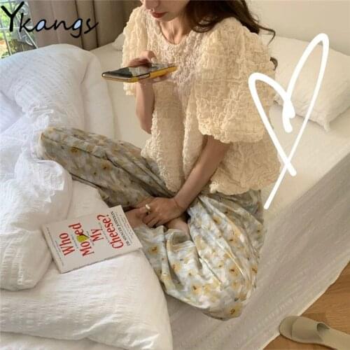 Short Sleeve Pleated Puff Sleeve O-Neck Korean Chic Blouse Women Casual Floral Breathable High Waist Loose Harajuku Pants Female