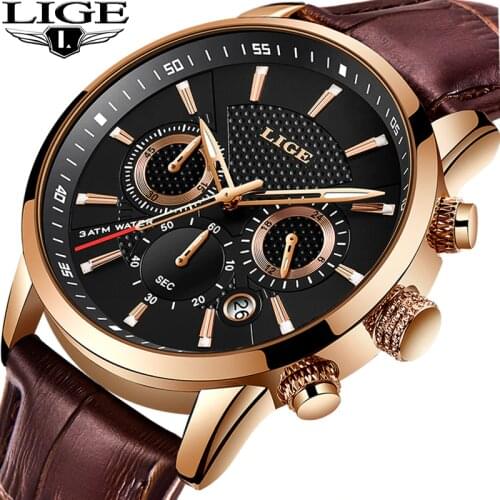 Reloje 2020 LIGE Stainless Steel Rose Gold Case Men Watch Male Leather Automatic date Quartz Watches Mens Waterproof Sport Clock