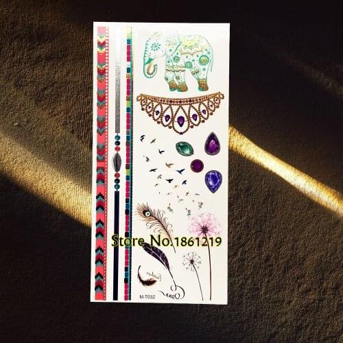 Hot Gem Designs Waterproof Metallic Temporary Tattoo Dandelion Women Jewerly Pendants Tattoo Stickers GGMT032 Sexy Gold Elephant