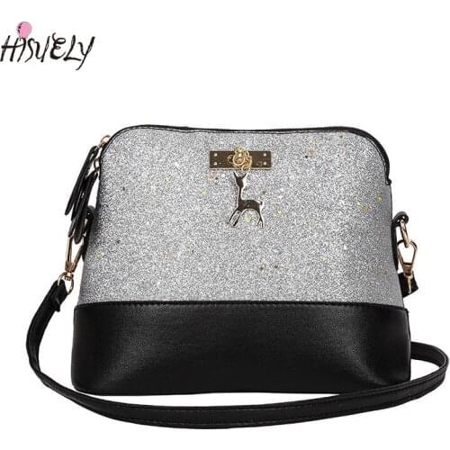 HISUELY New Sequins Women PU Leather Handbags Shoulder Bag Bling Bling Shell Bags Messenger Crossbody Hobo Satchel Purse Girl Q4