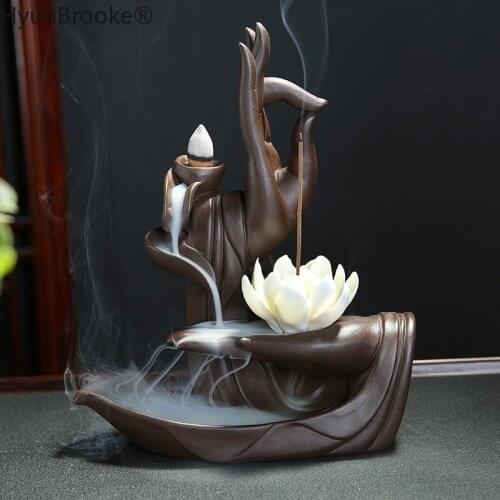 Ceramic Backflow Incense Burner Tathagata Buddha Lotus Incense Cones Stick Holder +10pc Cone Incense Creative Home Bouddha Decor