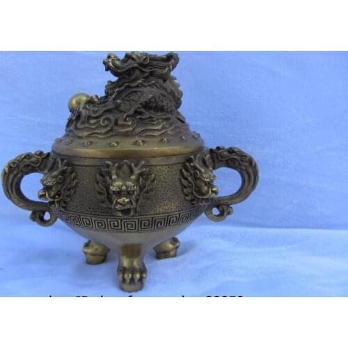 Chinese Royal Brass Copper Feng Shui Two Beast Ear Dragon Incense Burner Censer