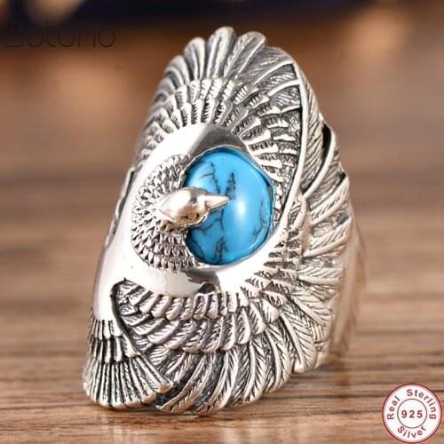 Punk Rock 100% S925 Sterling Silver colour Ring with Natural Turquoise Hand Carved Eagle Wings Rings Unisex Thai Silver colour