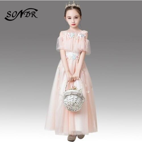 Summer Flower Girl Dress HT144 Pink Tulle Flower Girl Dresses Ruffles Appliques A Line Vestidos Largos De Flores for Kids
