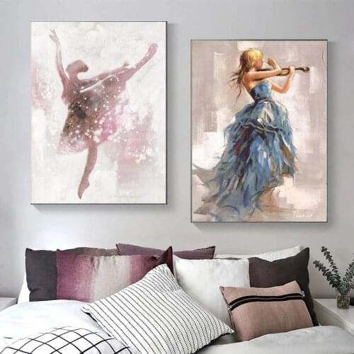 Little Girl In A Pink Skirt Dancing Ballet Playing The Violin Wall Art Canvas Paintings Posters and Prints Girl for Living Room