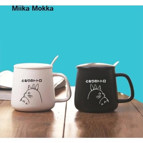 Microwavable Totoro Cute cup 401-500ml Black White Kawaii Ins Ceramic Cup Student Korean Style Mug with Lid and Spoon Coffee Cup