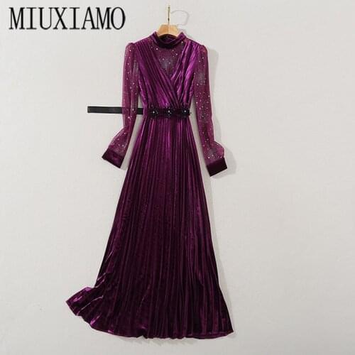MIUXIMAO 2020 Fall Dress Women Party Velvet Dress Diamonds Office Lady Casual Long Sleeve Long Dress Women Vestidos With Belt