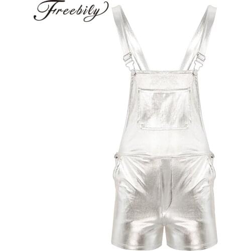 Mens Shiny Metallic Adjustable Straps Bib Sexy Overall Nightclub Party Festival Fancy Dress Rave Pole Dance Suspender Shorts