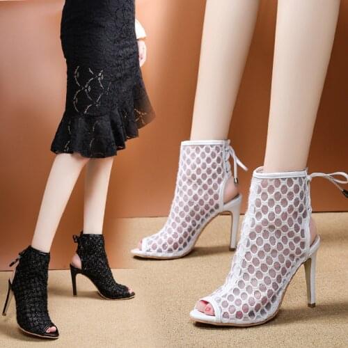 2020 new spring and summer popular hollow straps high-heeled sandals fish mouth sexy thin heel net sandals Z743