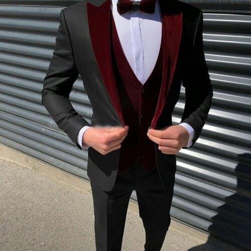 Slim Fit Casual Men Suits with Black Pants 3 Piece Burgundy Velvet Wedding Tuxedo Tailor Made Groom Male Fashion Jacket Vest