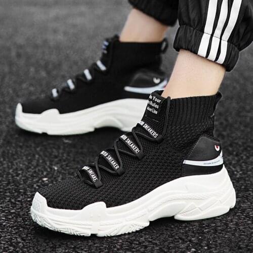 Plus Size Platform Summer Running Shoes Men High Top Sneakers Socks Women Sport Shoes Mens Sports Cheap Black Knit Shark B-575