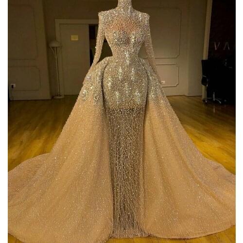 Luxury Champagne Wedding Dresses With Detachable Skirt High Neck Crystal Beaded Wedding Dress Long Sleeve Bridal Robes De Mariée