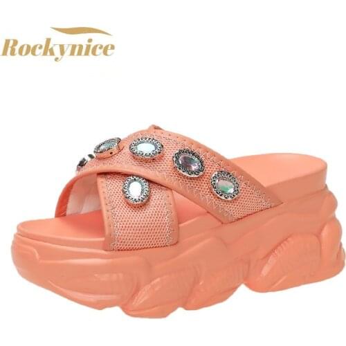 Summer Beach Sandals Women 8CM Wedges Slippers Ladies Platform Diamond Chunky Slides Flip Flops Woman Outdoor Mesh Casual Shoes