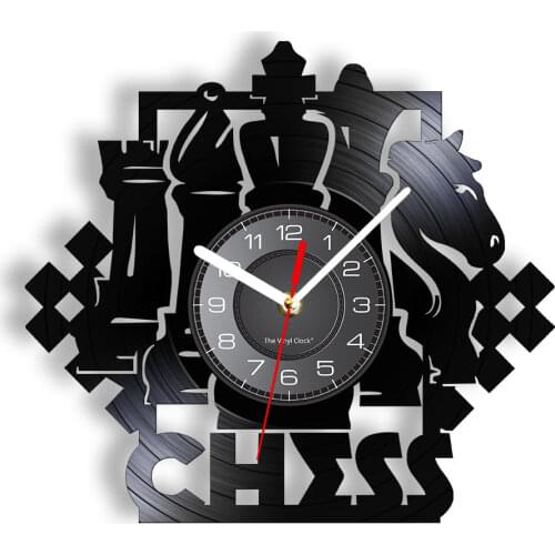 Chess Game Wall Art Wall Clock Chessboard Black Pieces Strategy Player Club Chess Master Vinyl Record Clock Chess Lovers Gift