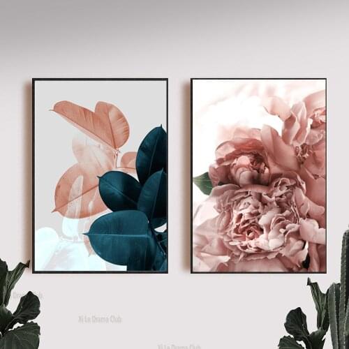 Nordic abstract pink flowers green leaves poster wall painting canvas painting living room home interior decoration painting