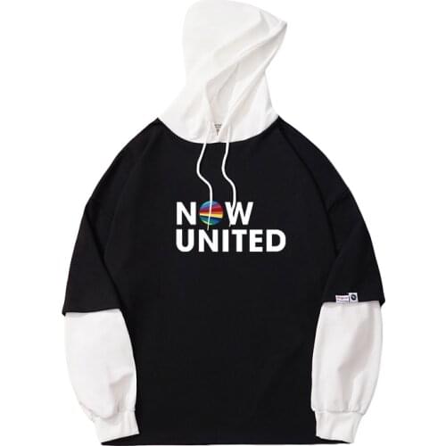NOW UNITED Letter Print Hoodie Casual Harajuku Funny Fake Two Pieces Patchwork Sweatshirts Women Men Unisex Tops Couples Clothes