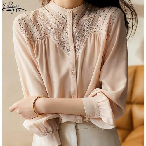 Summer 2021 New Elegant Pink Stand Collar Lace Stitching Blouse Hollow Out Embroidered Silk Sunscreen Shirt Blusas Femme 15040