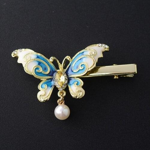 60*35mm Womens Colorful Enamel White Pearl Butterfly Hairpin