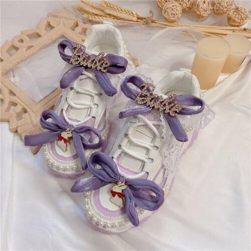Womens Rhinestones Crystal Lace Purple Bowknot Sneakers Lace Up Sport Shoes Girls Lolita Sweet New 2021 A02
