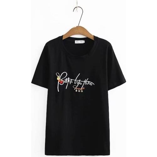 Plus size embroidery elastic O neck women loose tshirts 2020 new summer casual ladies black green white t shirt female tops