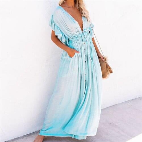 Ladies Summer Solid Color Beach Dress High Waist Female Button Drawstring Sunscreen Long Dress Short Sleeve