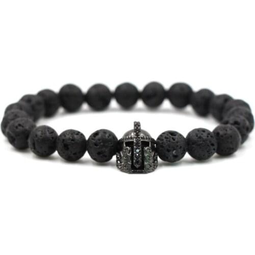 10mm gddf2 elastic adjusted nature black stone volcanic lava bead micro pave Spartan helmet cz cubic zirconia Bracelet