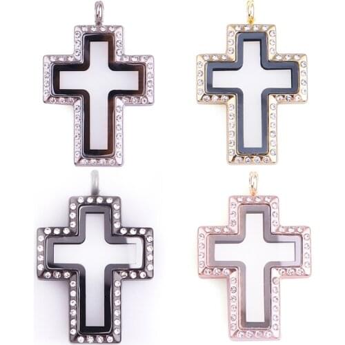 Newest 10pcs/lot Alloy Cross Floating Charm Rhinestone Locket Magnetic Living Glass Memory Locket Pendants for charms necklace