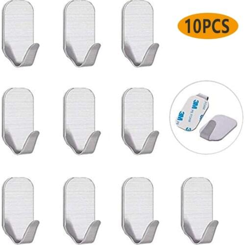 10PCS Stainless Steel Self Adhesive Hooks Home Bathroom Kitchen Wall Door Holder Hanger For Robe Coat Towel Keys Hanging Rack