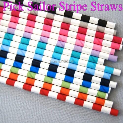 100pcs Mixed Colors Aqua Black Blue Pink Red Green Yellow Orange Brown Gold Silver Purple Lilac Navy Sailor Stripe Paper Straws